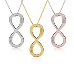 infinity symbol necklaces in silver, gold, and rose gold