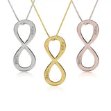 infinity symbol necklaces in silver, gold, and rose gold