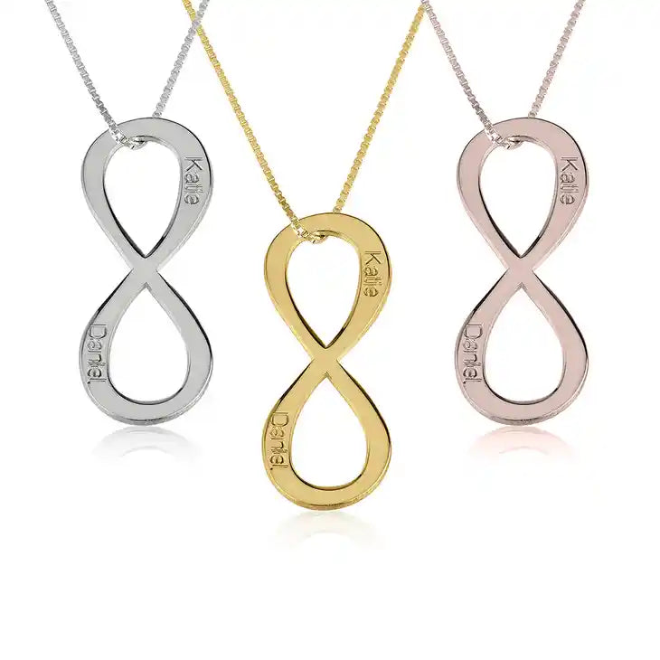 infinity symbol necklaces in silver, gold, and rose gold