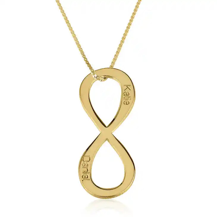 Gold infinity pendant necklace with engraved names