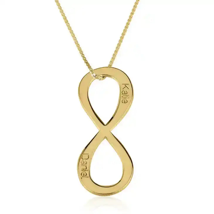 Gold infinity pendant necklace with engraved names