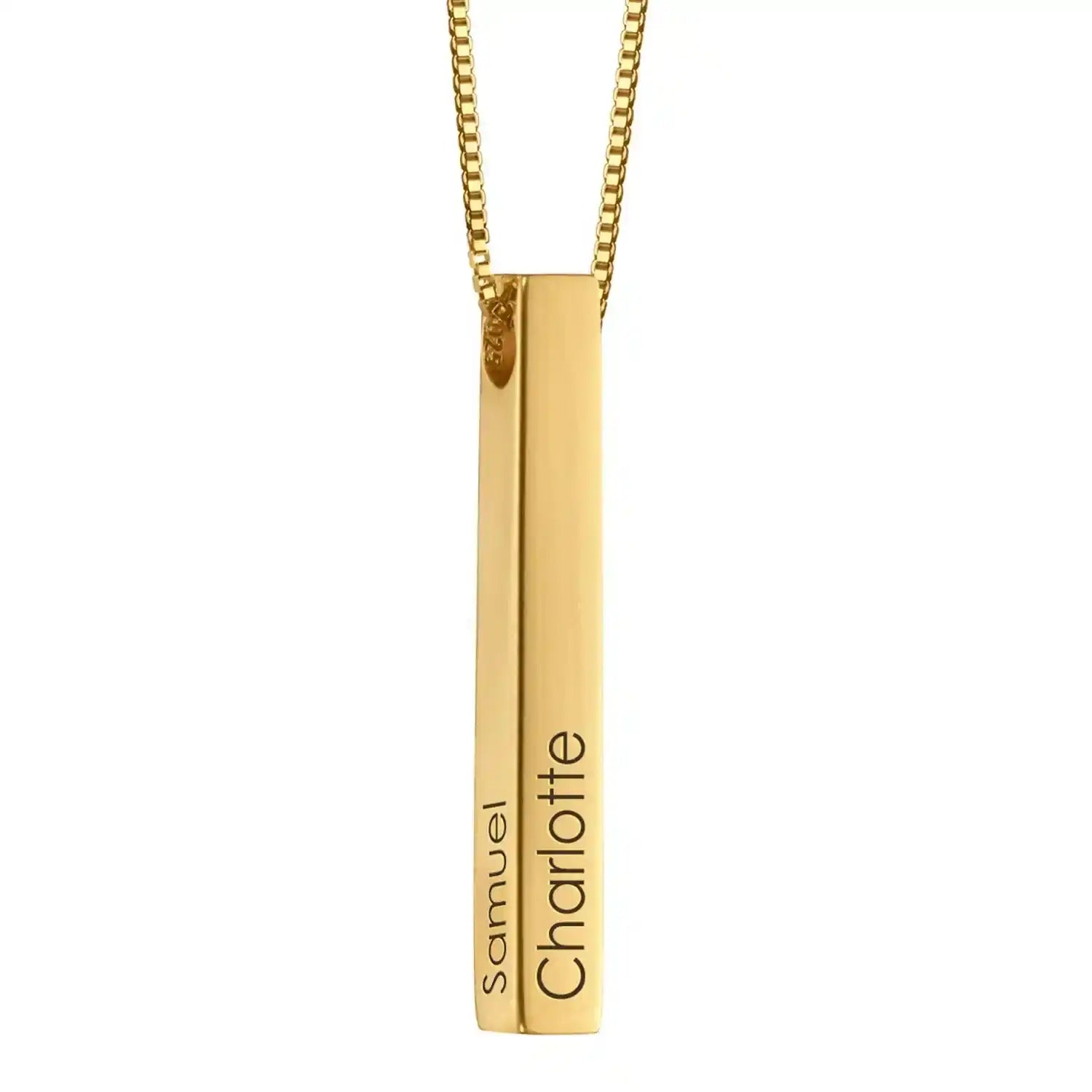 Engraved 3D bar necklace in gold with customizable 4-sided personalization pendant