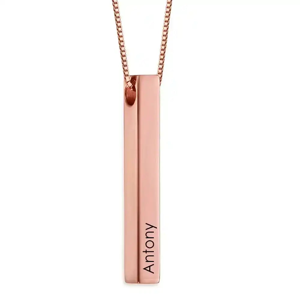 Engraved 3D bar necklace in 18k Rose gold platting with customizable 4-sided personalization pendant
