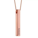 Engraved 3D bar necklace in 18k Rose gold platting with customizable 4-sided personalization pendant