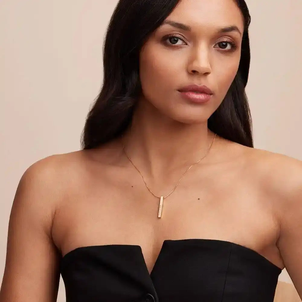 Engraved 3D bar necklace in 18k Rose gold platting with customizable 4-sided personalization pendant