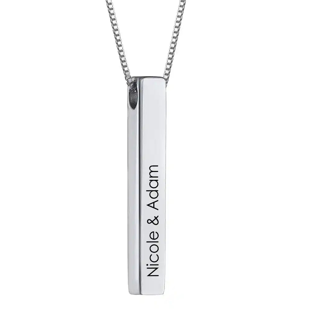 Engraved 3D bar necklace in Sterling silver 925 with customizable 4-sided personalization pendant